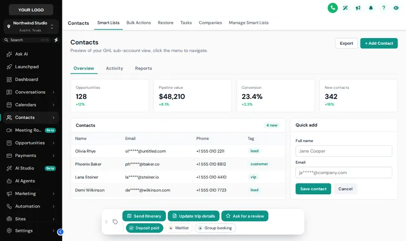 Contact actions bar with Deposit paid, Waitlist and Group booking quick tags on a sample guest record