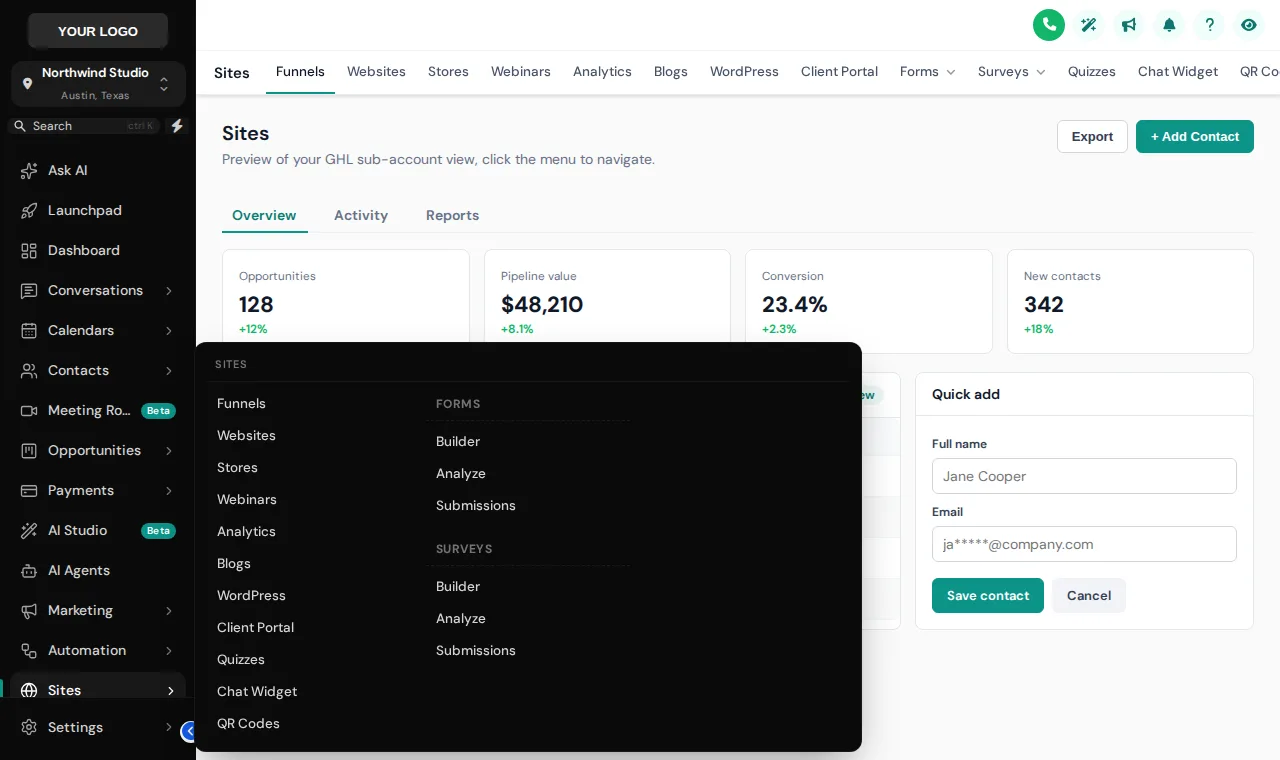 Columns mega menu opened from the Sites item in the GoHighLevel sidebar