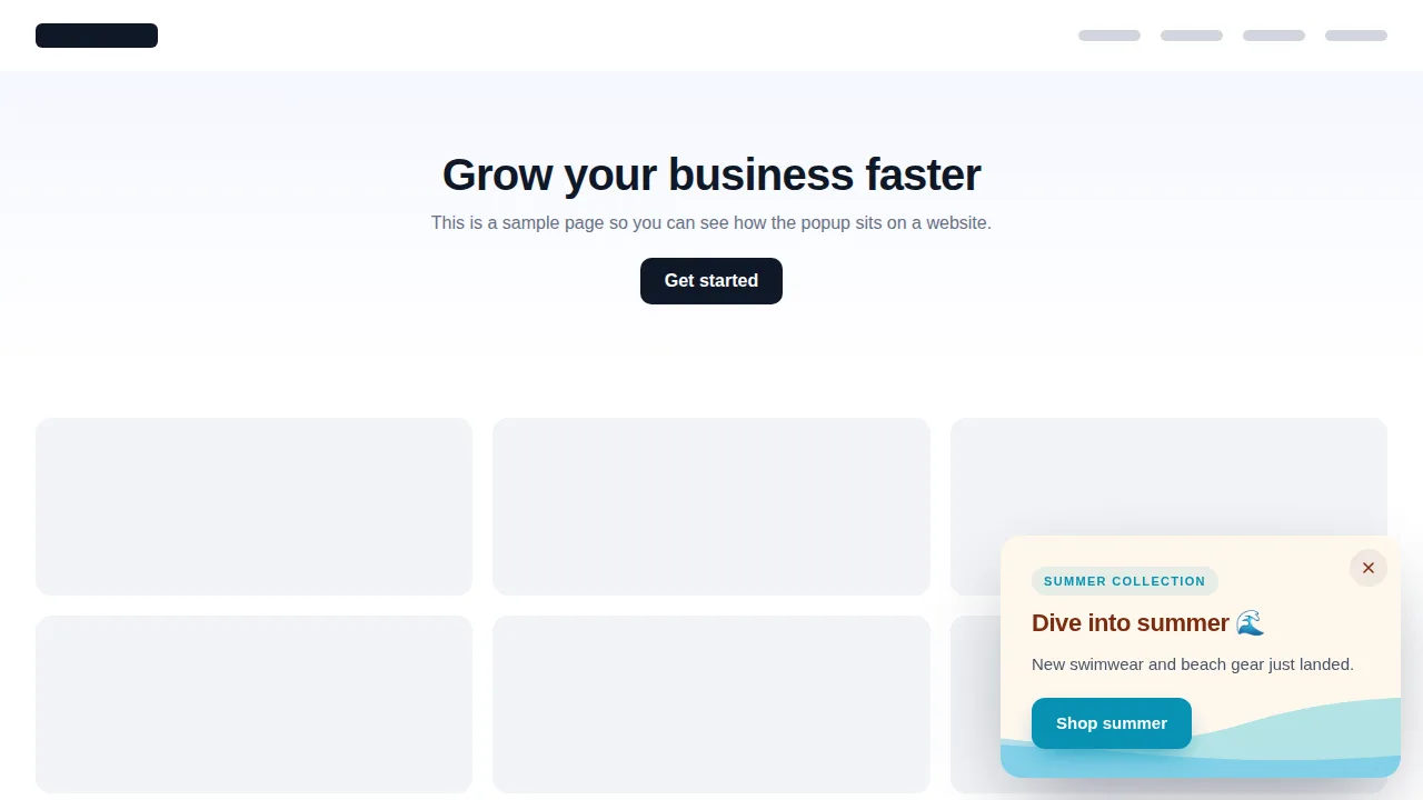 Summer waves slide-in popup template on a sample website