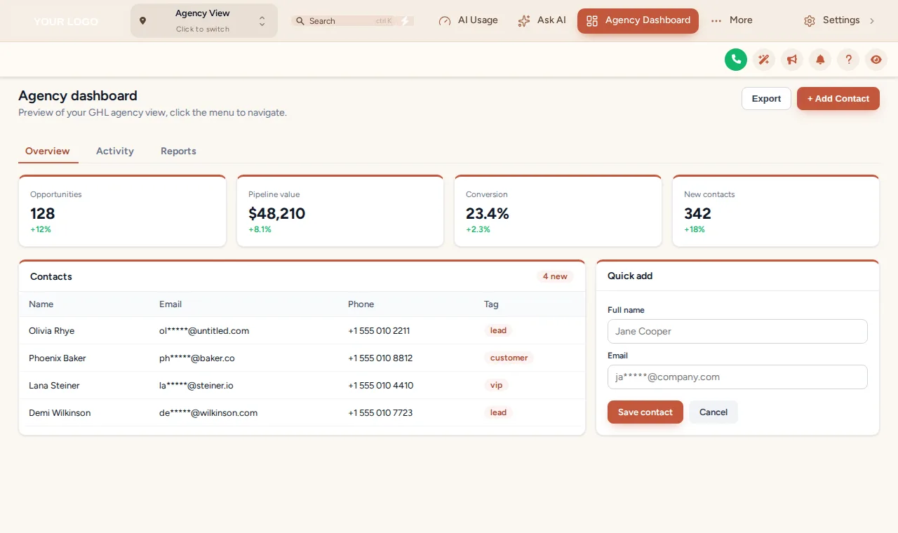 Desert Sand theme with a top bar layout, seen from the agency view
