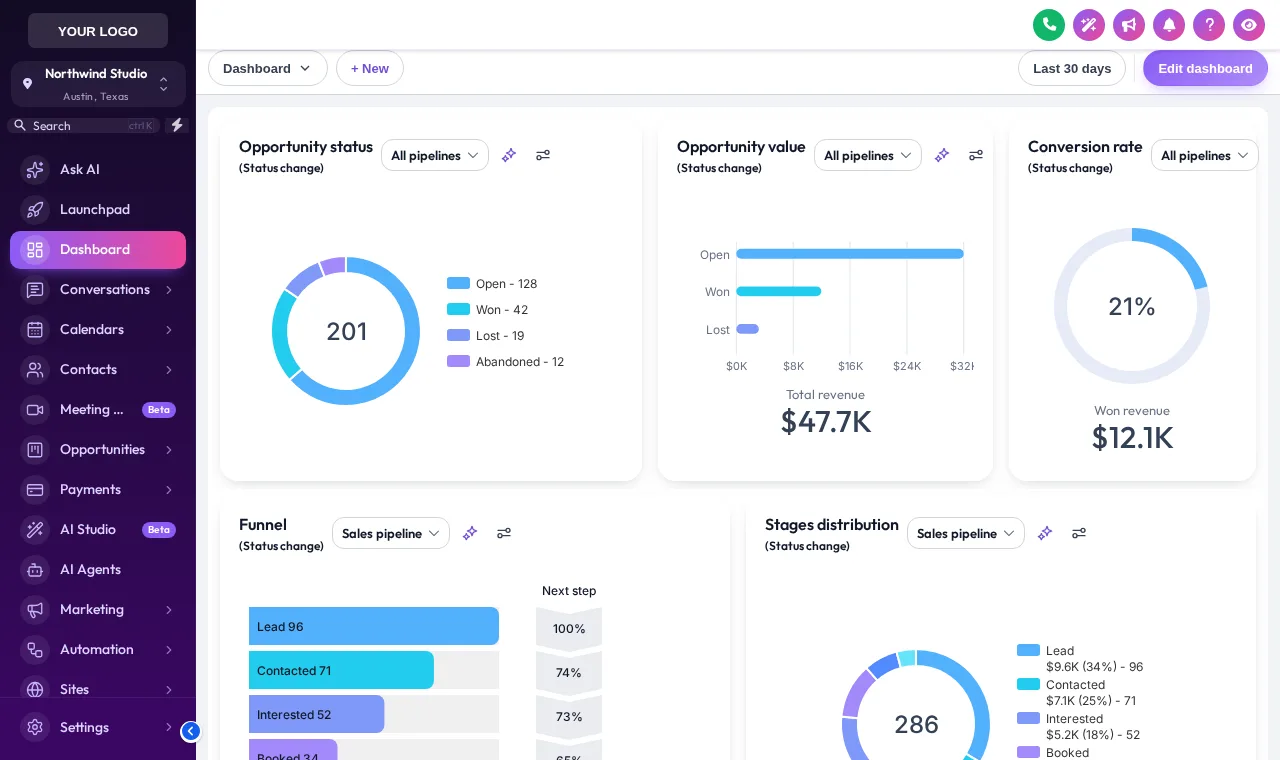 Neon Nights theme with a purple-to-pink sidebar and the Glass UI kit